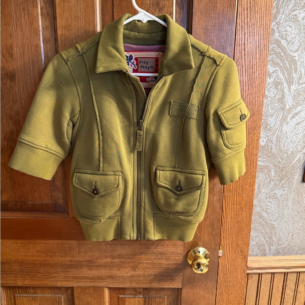 Free People Olive Green short sleeve  cropped Jacket with Striped Lining